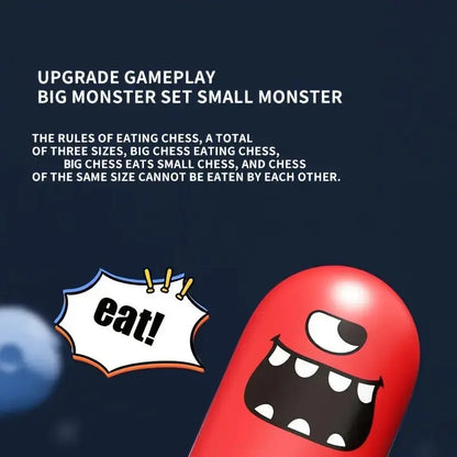 Red monster with 'eat!' speech bubble and text about gameplay rules on a dark background