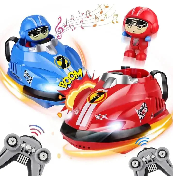 Two toy cars, one red and one blue, with remote controls on a white background.