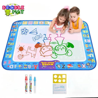 Children using a Doodle Mat with markers and a toy frog logo in the corner.