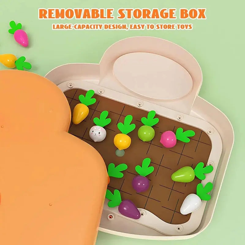 Toy garden with removable storage box and toy vegetables on a green background