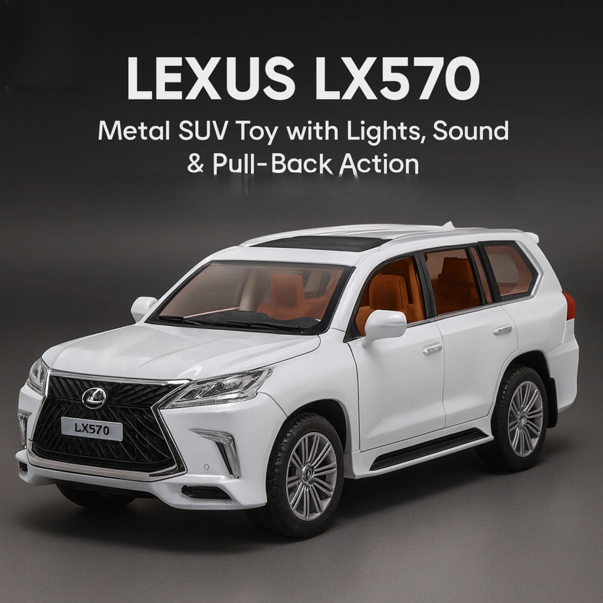 Lexus LX570 diecast model car white SUV front view with packaging