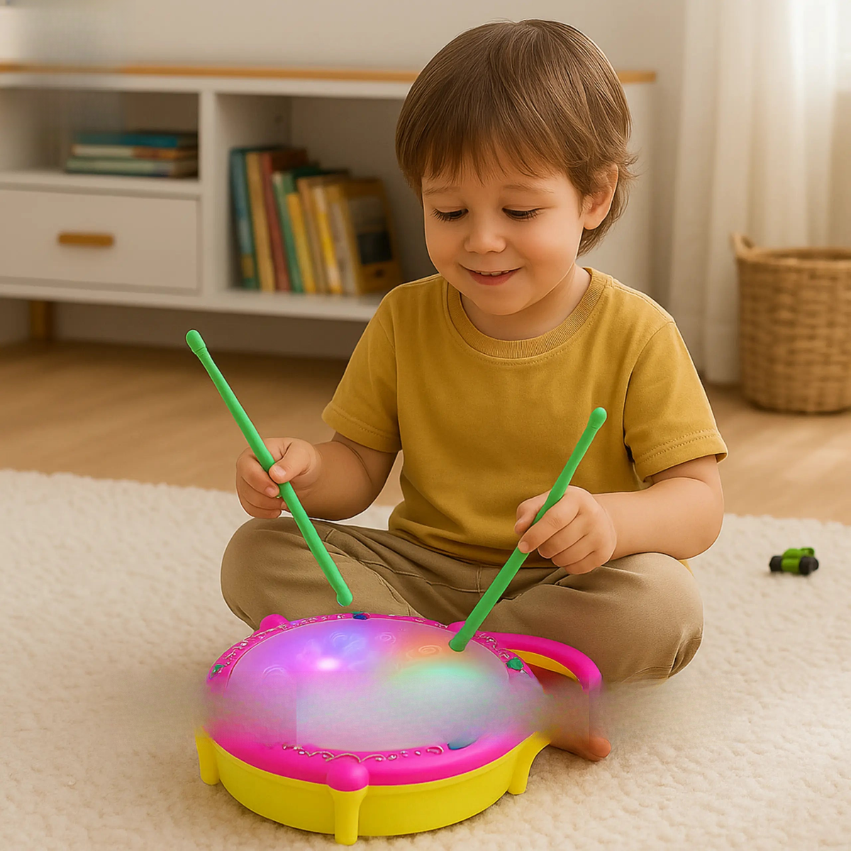 Toddler playing with colourful LED flash drum
