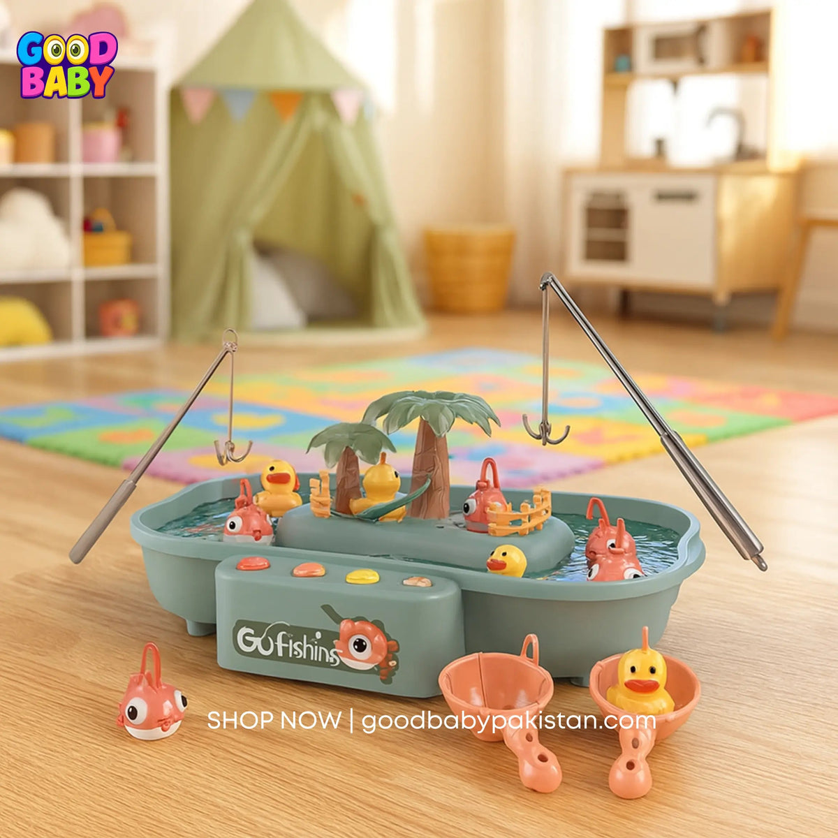 Children's fishing game set on a wooden floor with a colorful room in the background.