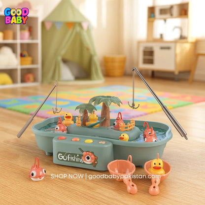 Children's fishing game set on a wooden floor with a colorful room in the background.