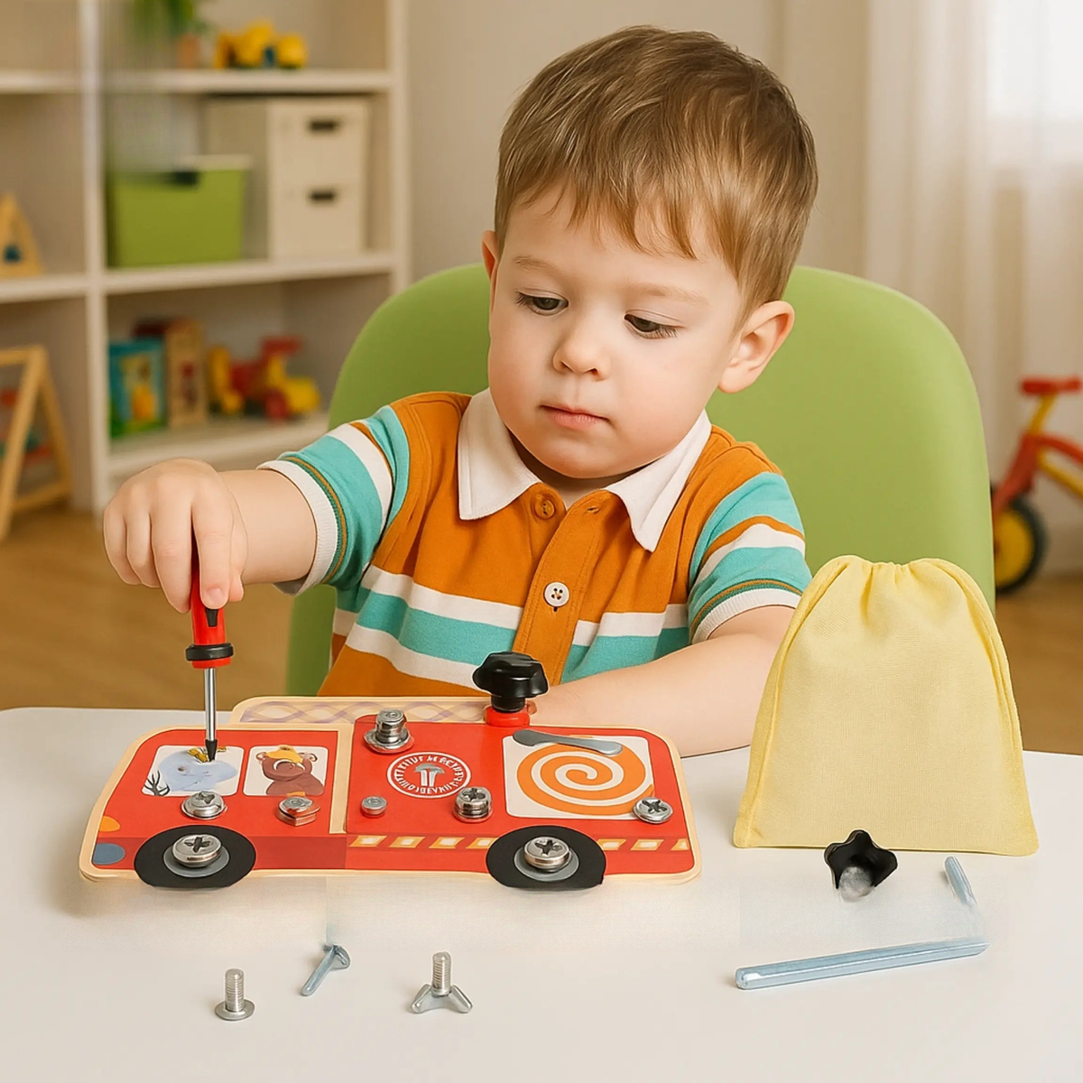 “Montessori wooden screw board fire truck toy by ToysWalaPK”