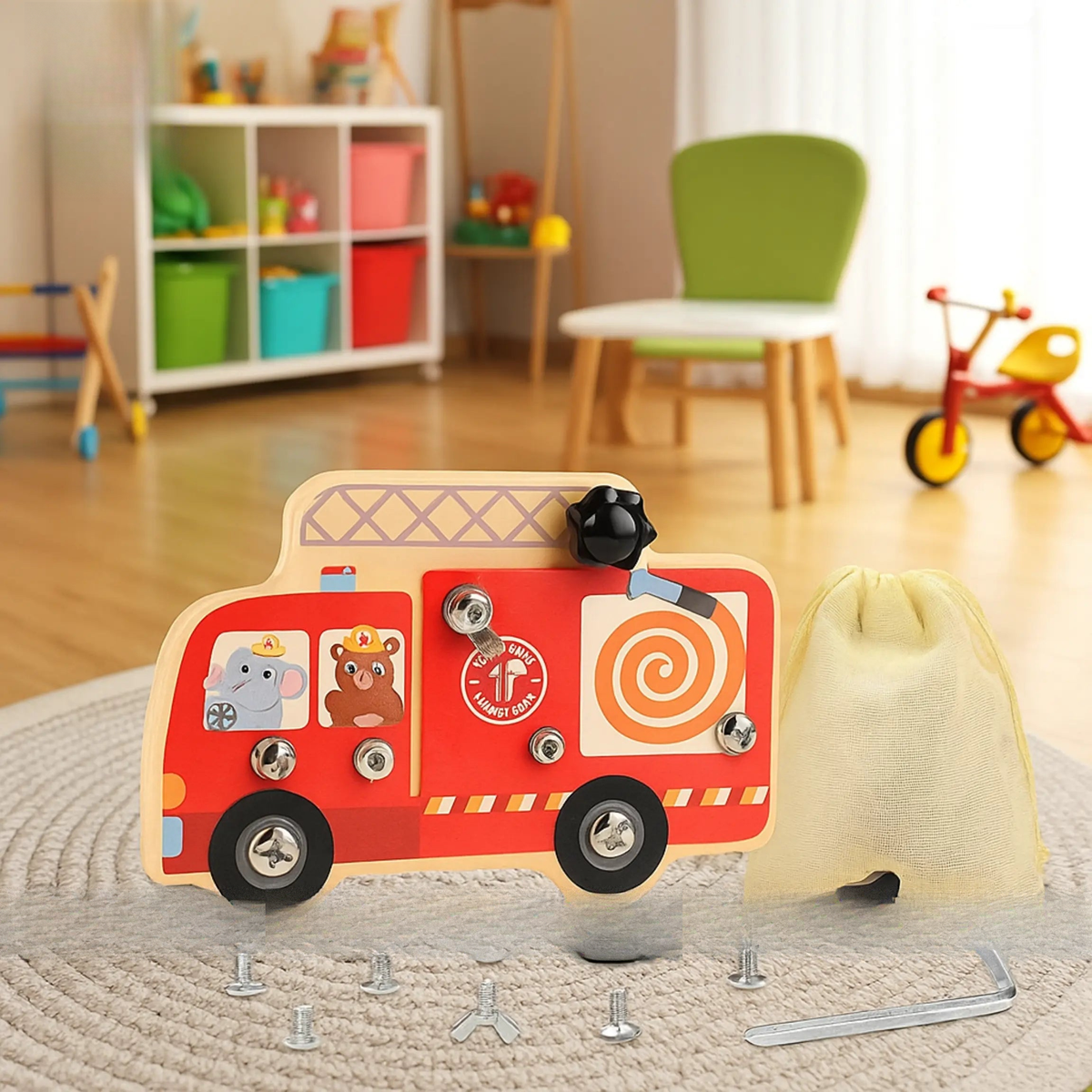 “Fire truck themed wooden screw board learning toy for kids”