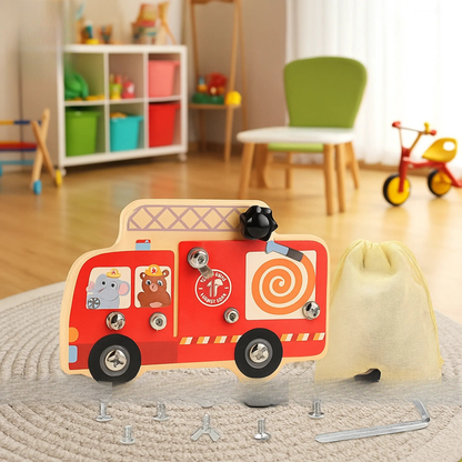 “Fire truck themed wooden screw board learning toy for kids”