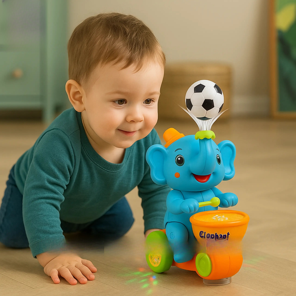 Child playing with a blue elephant toy featuring a soccer ball on top, in a home setting.