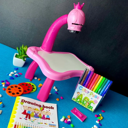 kids pink projector desk with giraffe design for drawing and study