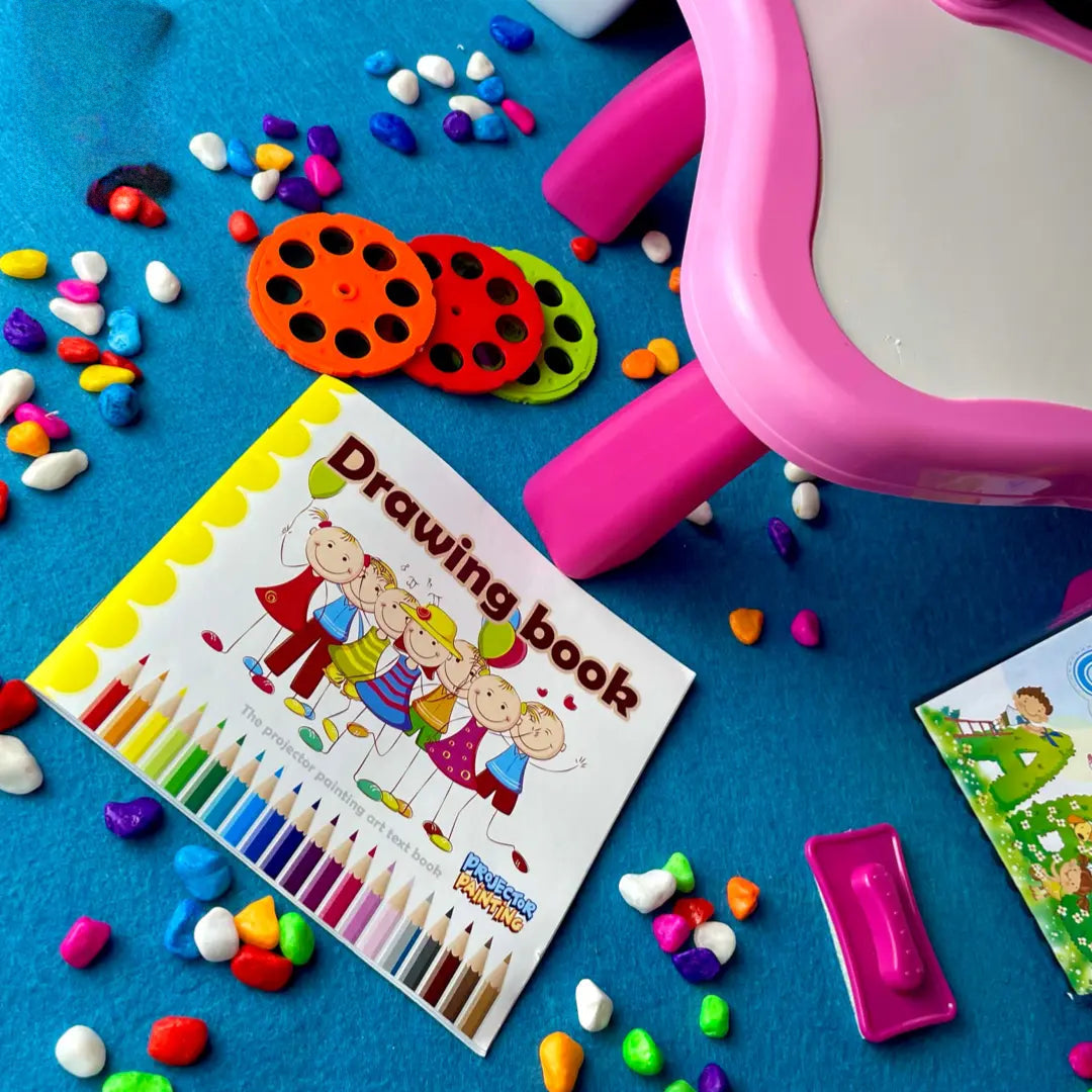 pink giraffe themed learning desk with built in projector
