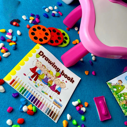pink giraffe themed learning desk with built in projector