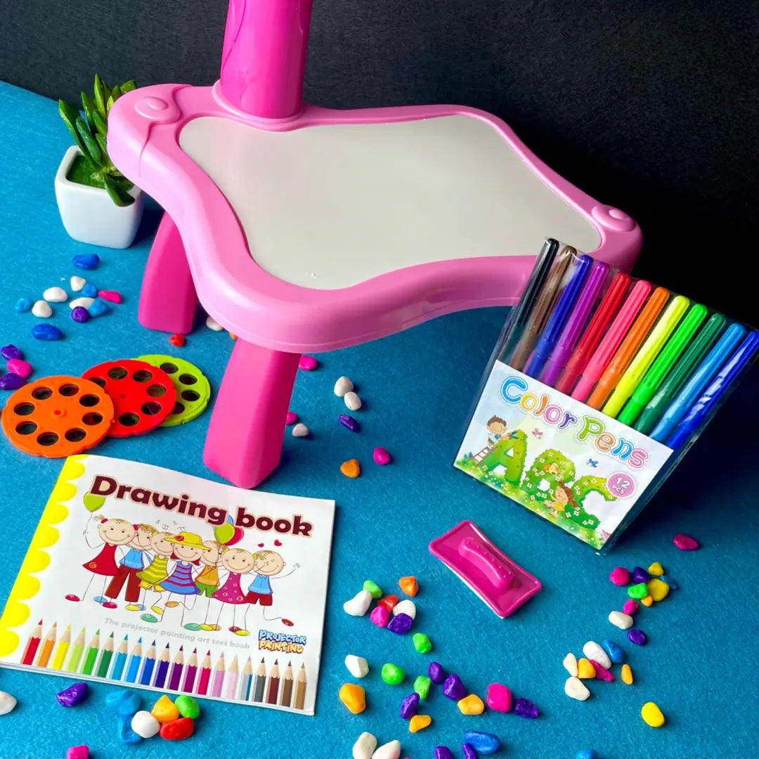 kids art and learning desk pink with projector and drawing slides