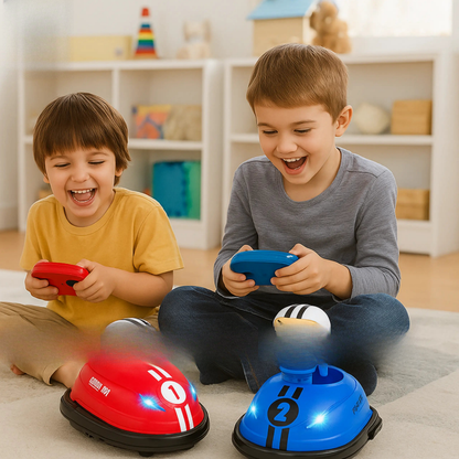 Two children playing with toy cars on a carpeted floor in a room with shelves in the background.