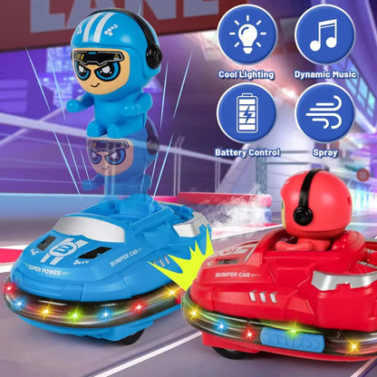 Two toy bumper cars, one blue and one red, with features like cool lighting, dynamic music, battery control, and spray highlighted.