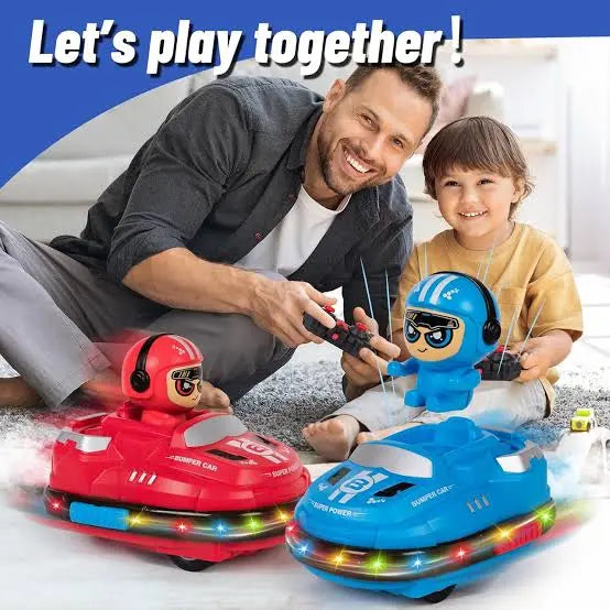 Man and child playing with toy cars on a white floor, with text 'Let's play together!' at the top.