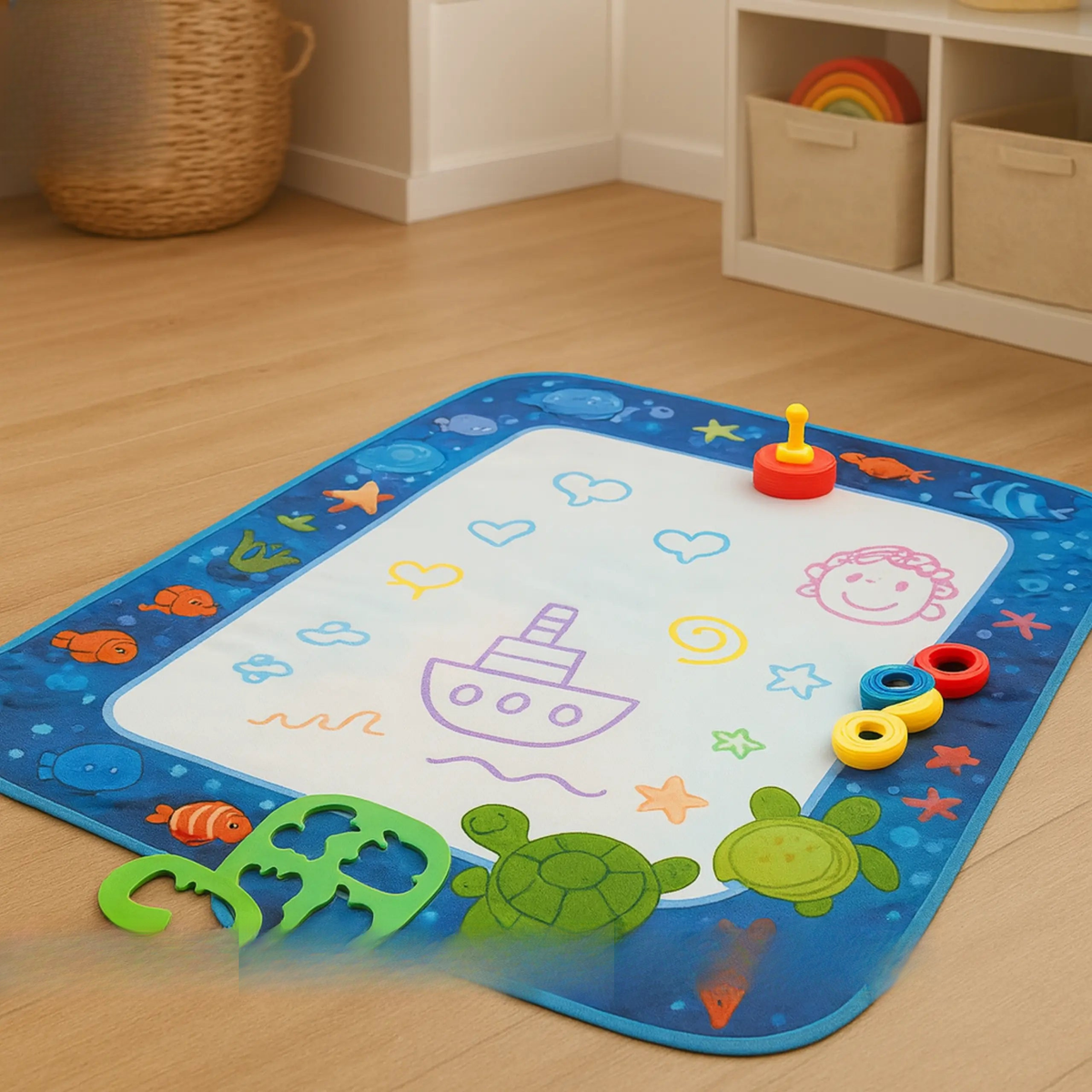 Colorful children's play mat with drawing tools on a wooden floor, featuring the brand 'Good Baby'.