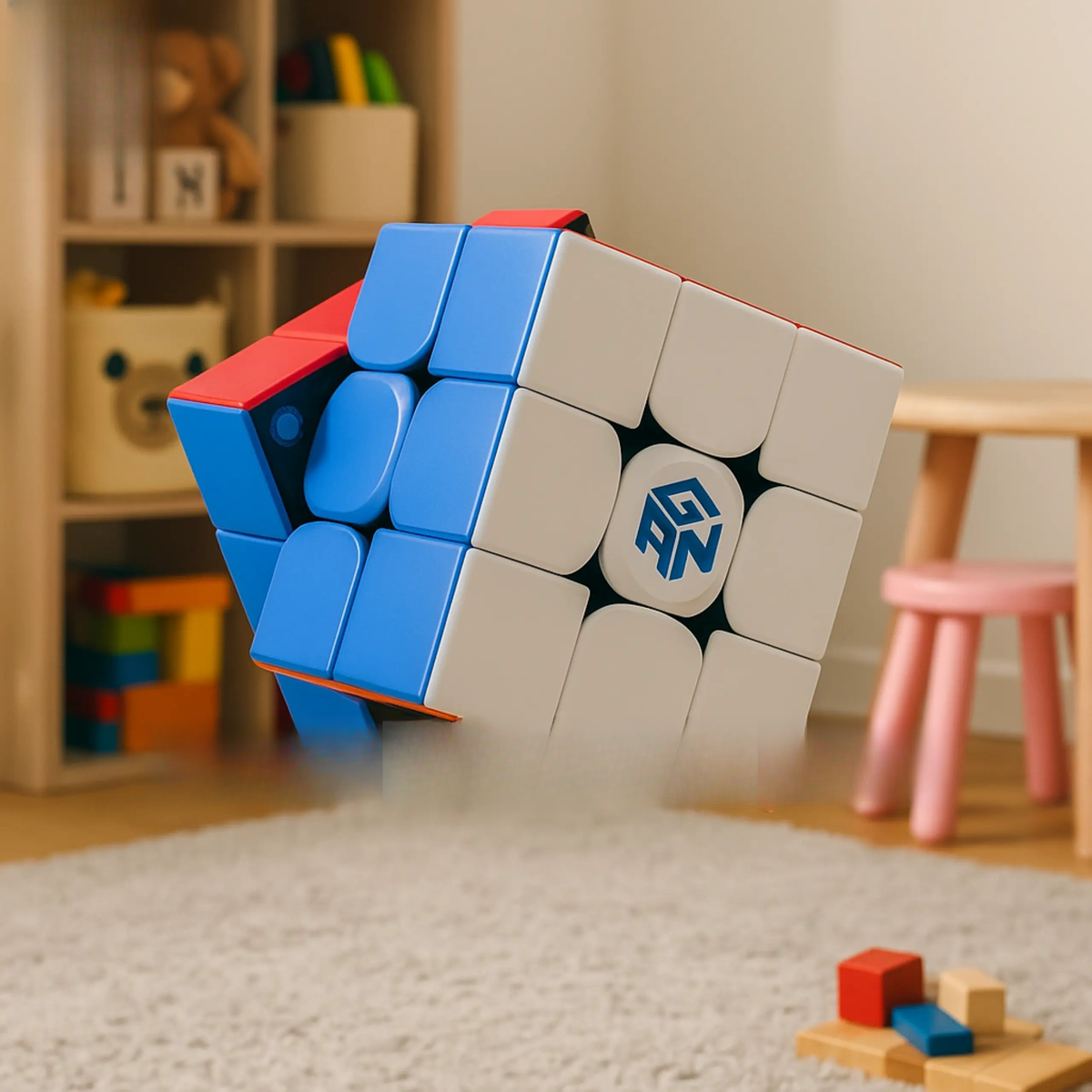 Colorful Rubik's cube toy with a brand logo on a carpeted floor in a room with children's toys.