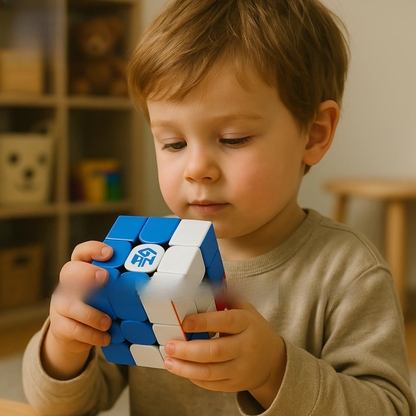 Child playing with a Rubik's cube in a home setting, with 'Good Baby' branding.