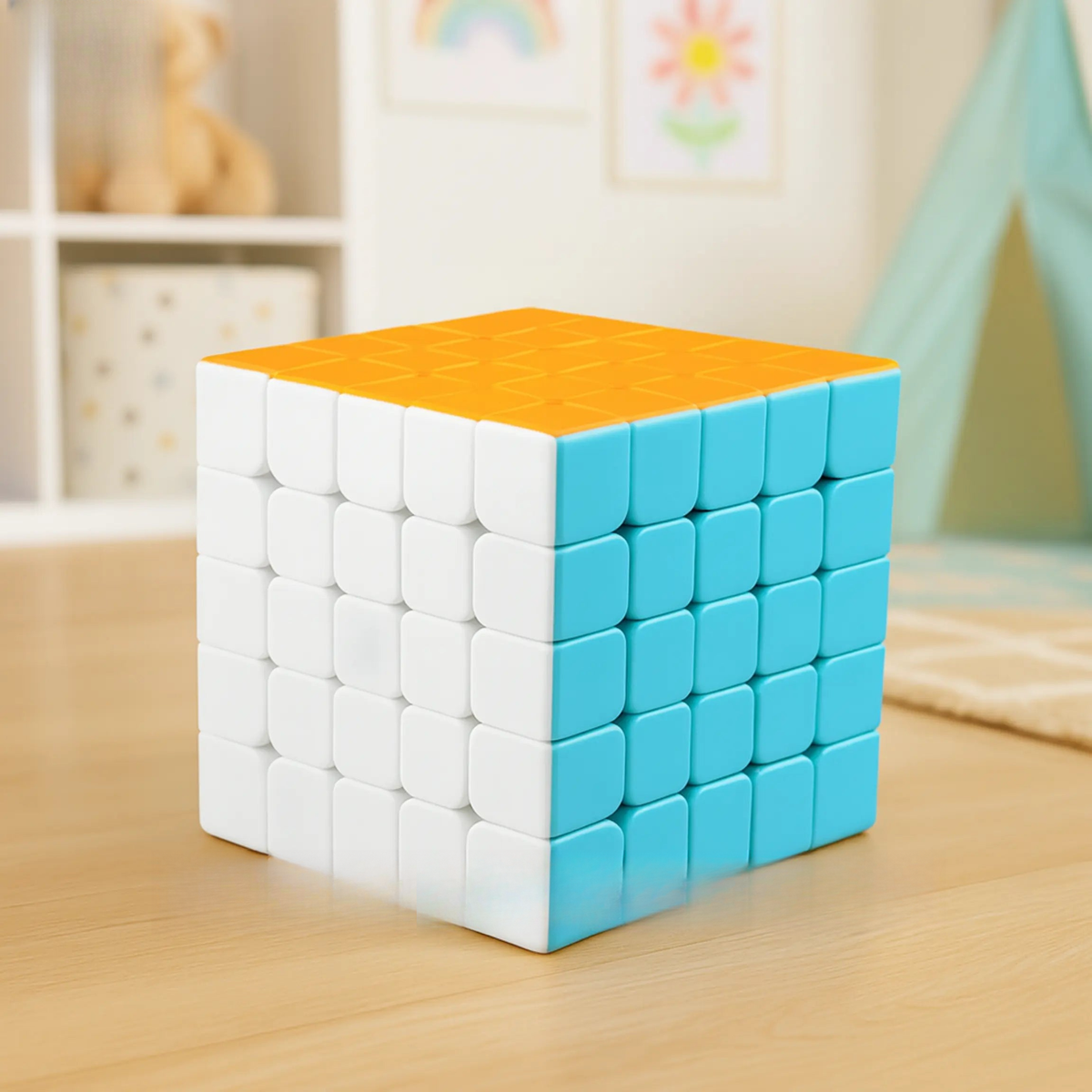 Colorful Rubik's Cube on a wooden surface with 'Good Baby' branding.