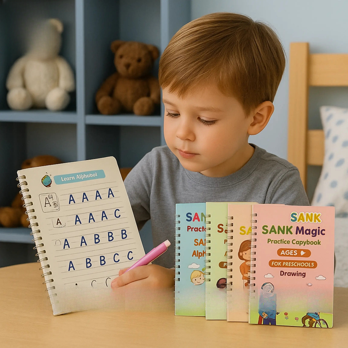 Child practicing handwriting with Sank Magic Practice Copybook – ToysWalaPK educational toy