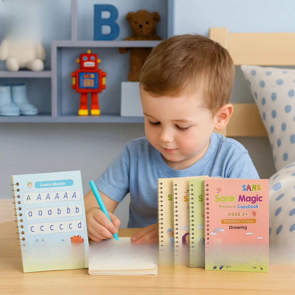 Boy learning alphabet using reusable magic copybook set for kids in Pakistan