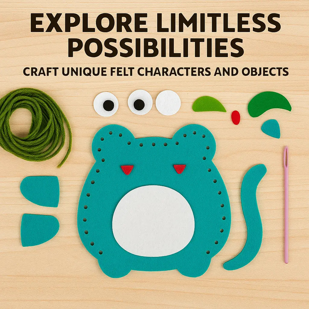 Crafting felt character kit with teal template, green yarn, googly eyes, and crochet hook on a wooden surface.