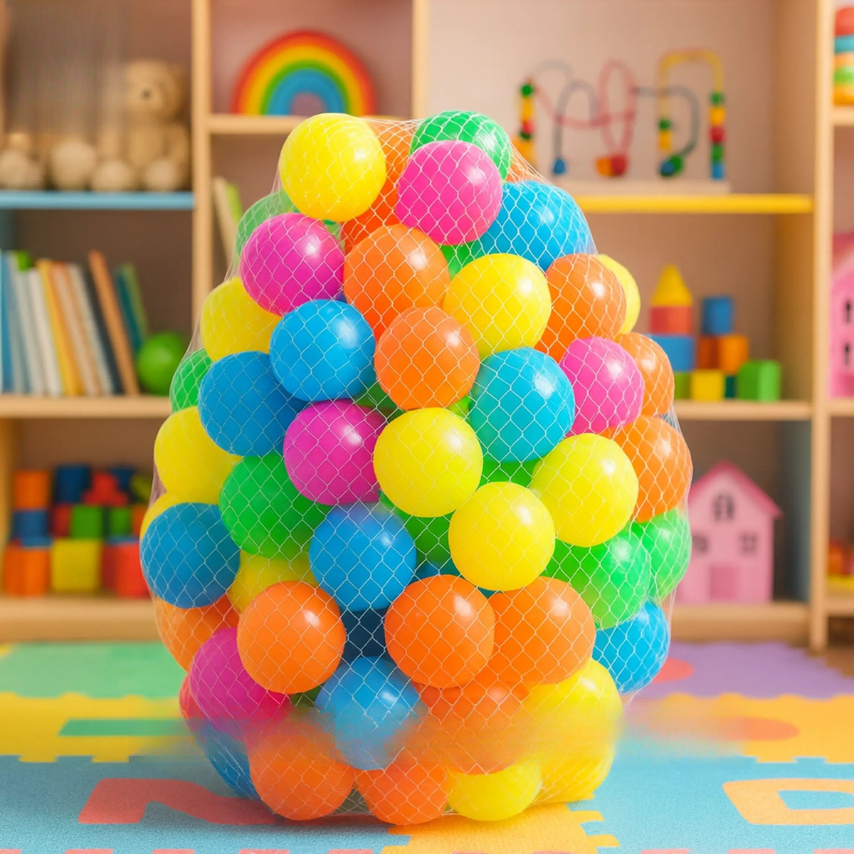Colorful ball pit in a child's playroom with shelves of toys in the background.