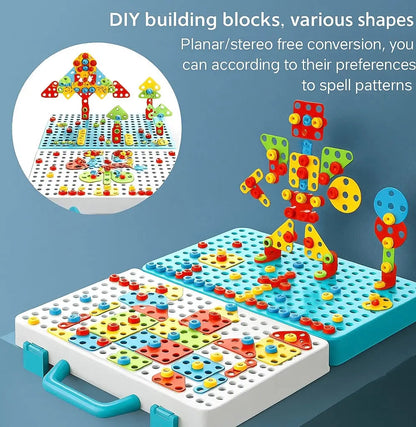 Colorful building blocks on a blue baseplate with text about DIY building blocks and conversion options.