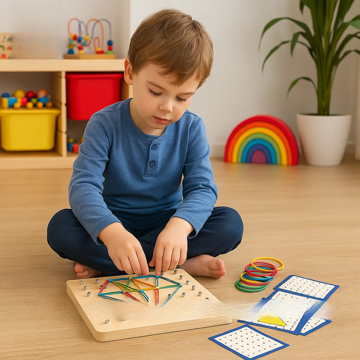 "Montessori geoboard with colorful elastic bands and pattern cards"