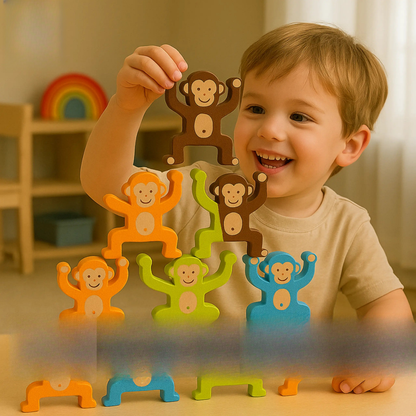 Child playing with colorful monkey toy set in a home setting