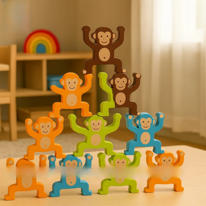 Colorful monkey toy set stacked on a wooden surface with a rainbow toy in the background.
