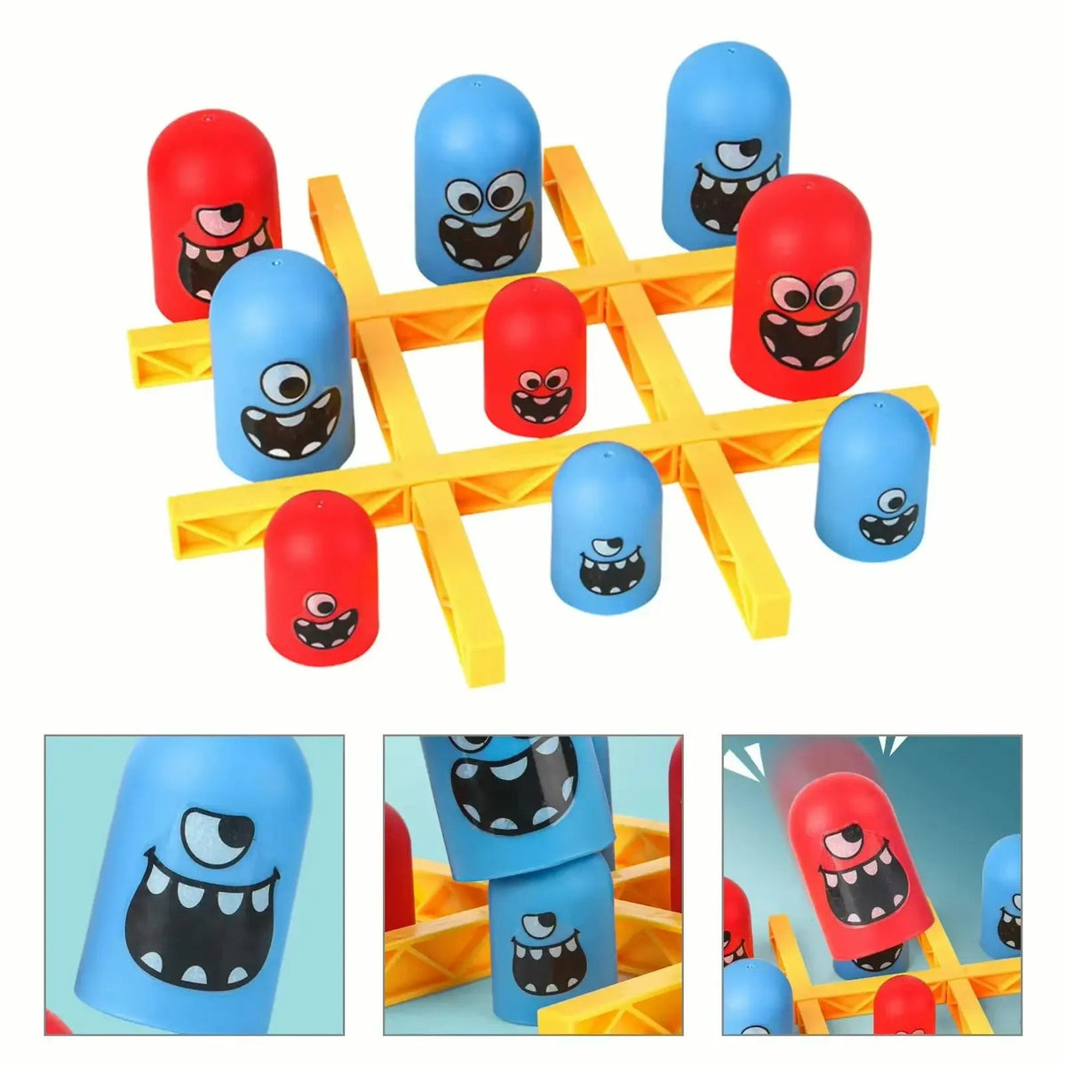 Toy structure with red and blue cylindrical pieces featuring monster faces on a white background.