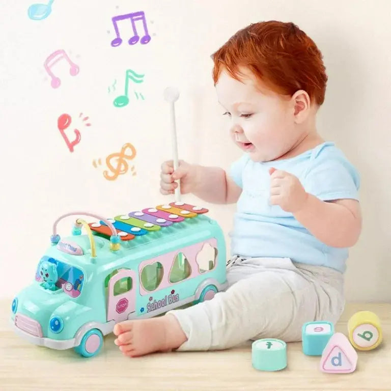 "Multifunctional school bus toy for toddlers with shape sorting and music features – educational toy for babies"