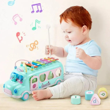 "Multifunctional school bus toy for toddlers with shape sorting and music features – educational toy for babies"